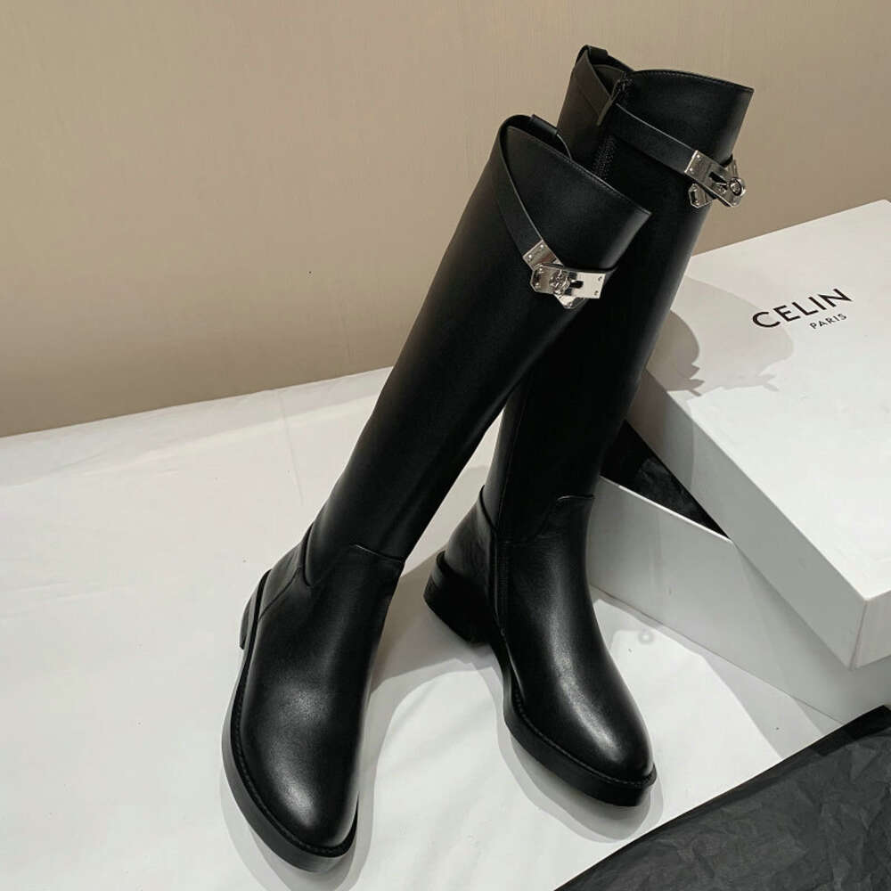 Brand Genuine Real Leather Women Punk Gothic Winter Shoes Knee-High Riding Equestrian Western Boots With Metal Lock Strap