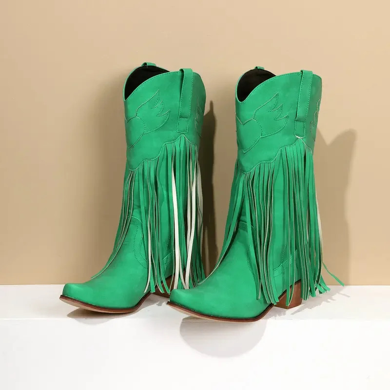 Womens Pink Tassel Western Cowboy Boots Wide Calf Fit Lolita Retro Cosplay Mid-Calf Cowgirl Footwear All Seasons Drop 240615