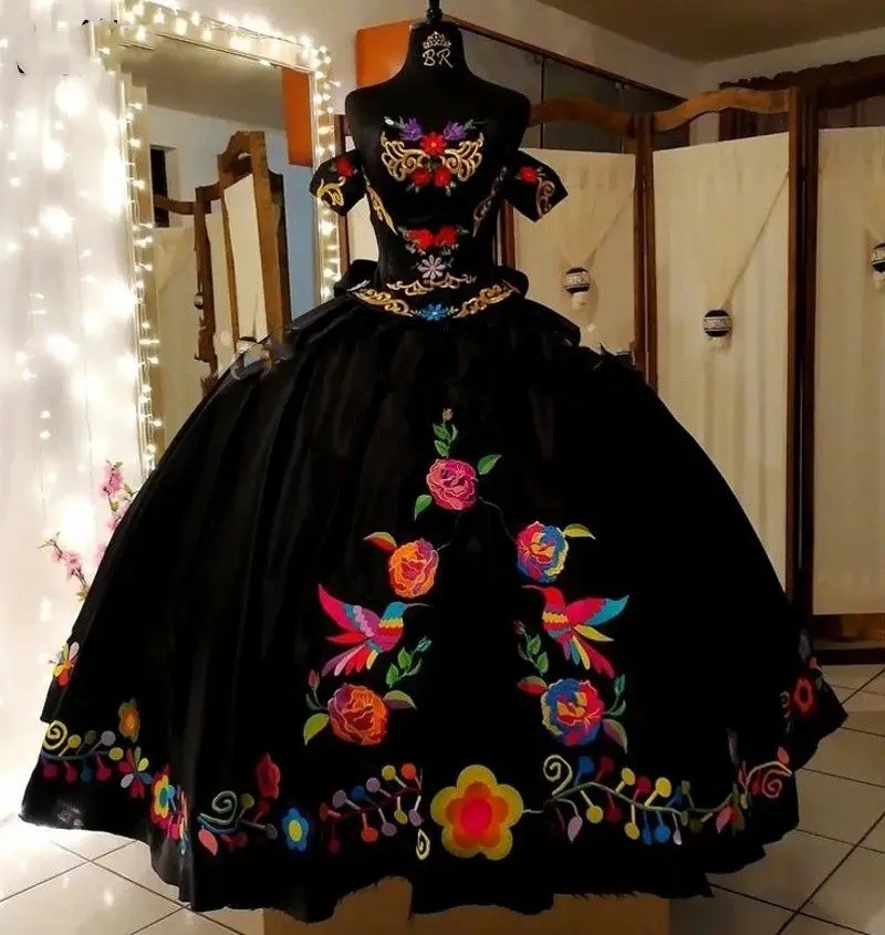 Viage 2024 Black Charro Embroidery Quinceanera Dresses With Shawl Vestidos De 15 Anos Lace-Up Corset Sweet 16 XV Prom Gowns