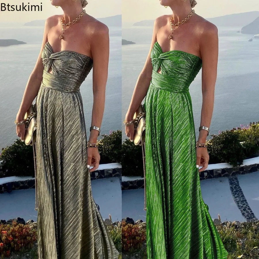 Womens Elegant Club Party Dresses Sexy Chest Wrapping Gold Stamping Long Dress INS Casual Big Swing for Evening 240615