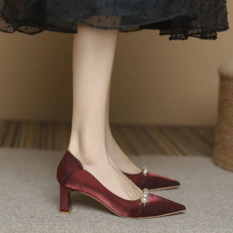 High Women Red Shoes for Heels Ladies Summer Footwear Sexy Pumps Bride Pearl Wedding Shoe on Heeled Beau Today Lastest A E