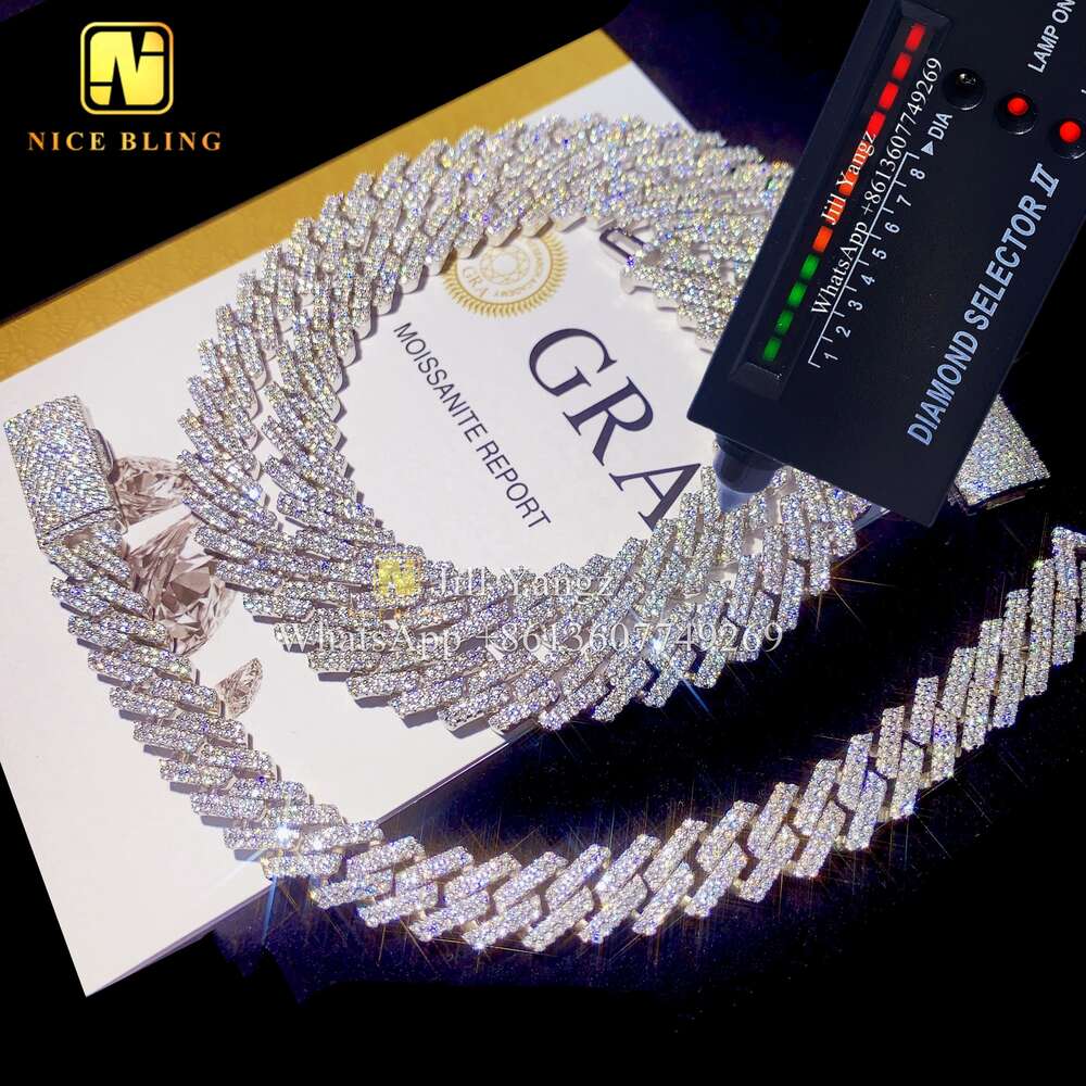Ready Stocks 12Mm Pass Tester Monaco VVS Moissanite Diamond Gold Plated Necklace Bracelet Iced Out Cuban Chain