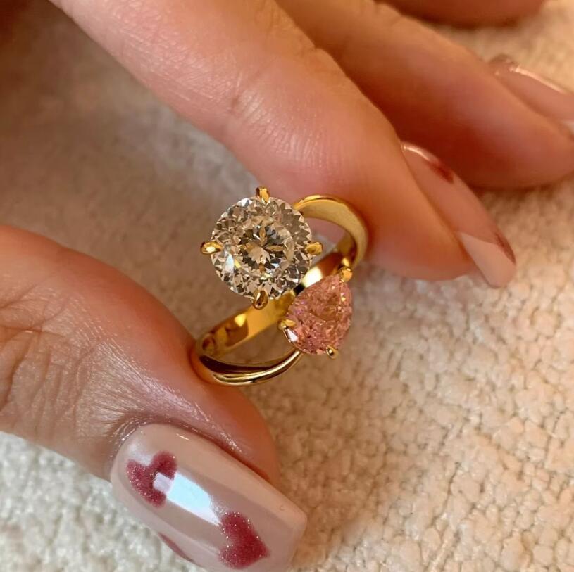 2024 Sweet Cute Ins Top Sell Wedding Rings: Gold Plated Water Drop Zircon 5A Adjustable Ring for Women