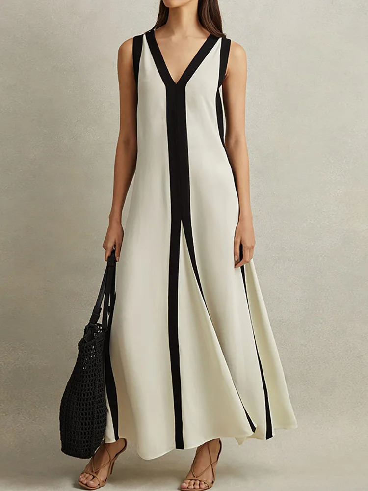 Women Casual V Neck Hollow Out Dress Elegant Female Solid Patchwork Backless Summer Sleeveless Maxi Vestidos 240615