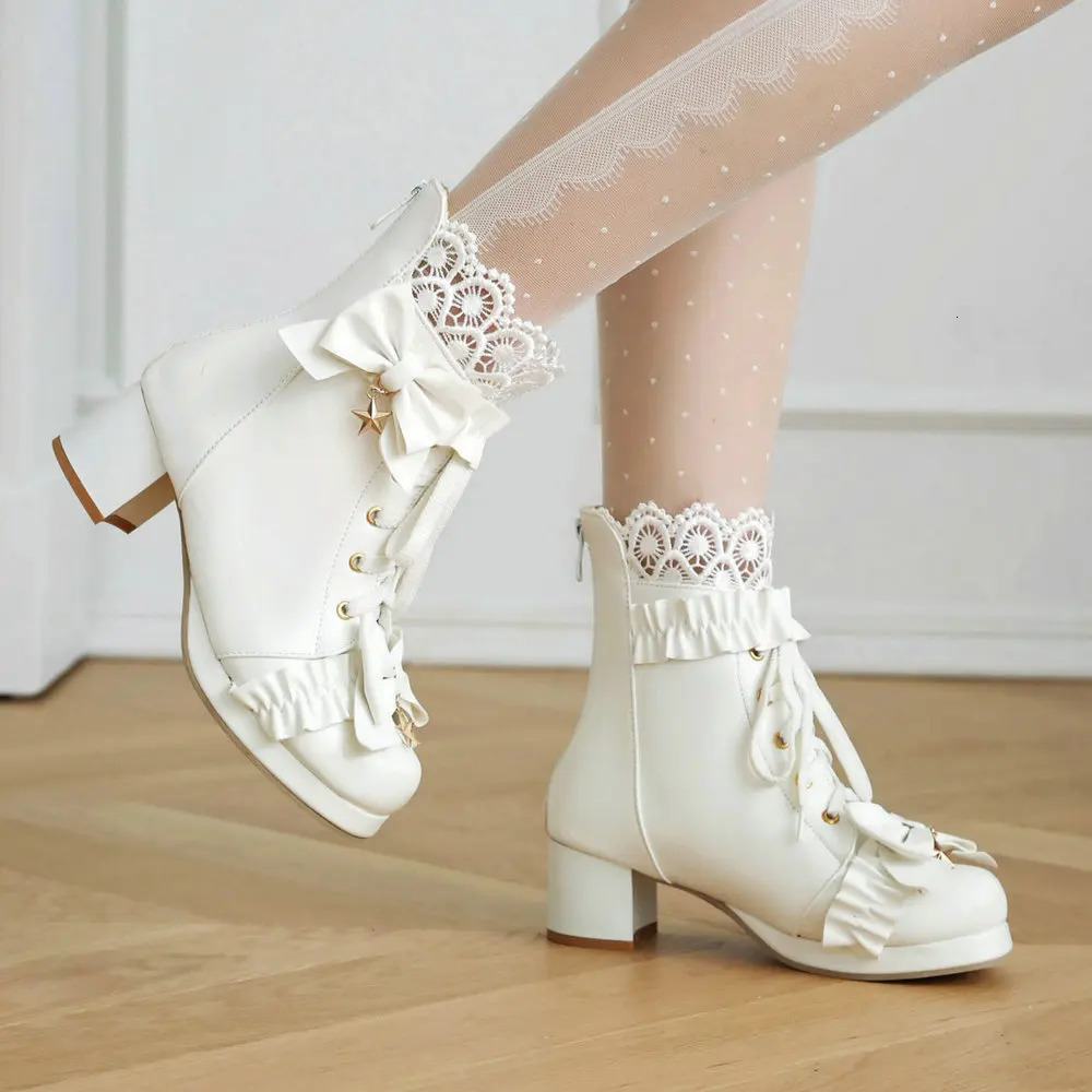 Women Platform Boots Lace Up Back Zipper Chunky Heel Ankle Booties Bow Cosplay Spring Autumn Shoes Five Pointed Star Pendant 240615