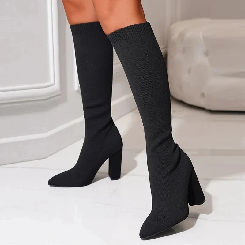 Liyke Green Women Cozy Knitting Stretch Fabric Knee High Boots Fashion Square Heels Autumn Winter Sock Long Shoes Booties Female 240615
