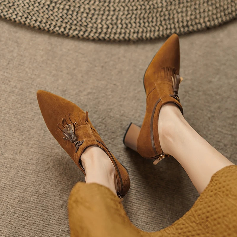 Spring Women Shoes Pointed Toe Chunky Heel Women Pumps Sheep Suede High Heels Belt Buckle Shoes for Women zapatos de mujer 240615