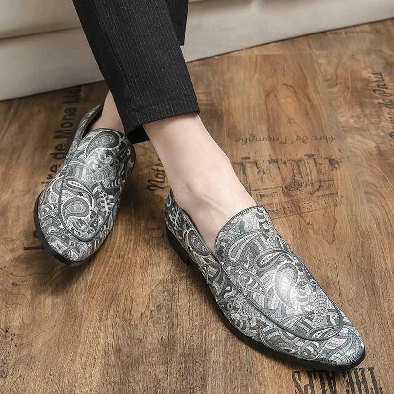 British Style Fashion Trends Printed Leather Loafers Men Breathable Casual Shoes Men Slip-on Dating Driving Party Men Shoes 240615