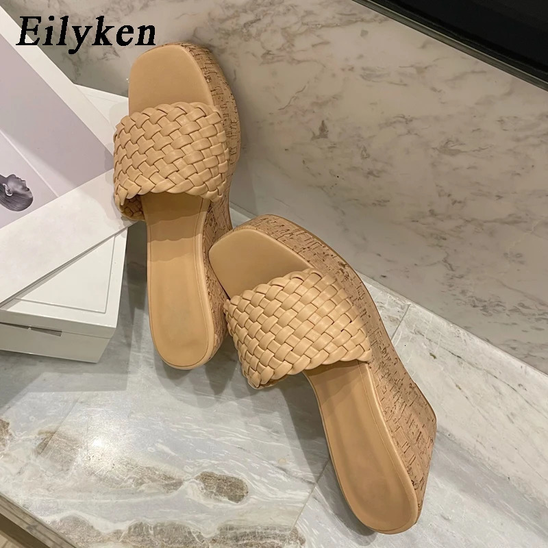 Eilyken Wedges Weave Women Slippers Summer Super High Heels Shoes Sexy Platform Open Toe Wood Grain Ladies Sandals 240615