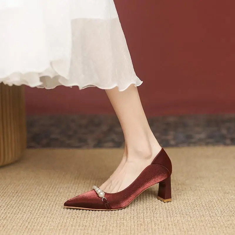 High Women Red Shoes for Heels Ladies Summer Footwear Sexy Pumps Bride Pearl Wedding Shoe on Heeled Beau Today Lastest A E