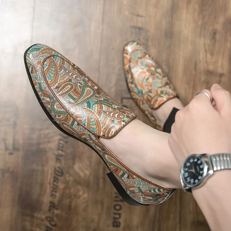British Style Fashion Trends Printed Leather Loafers Men Breathable Casual Shoes Men Slip-on Dating Driving Party Men Shoes 240615