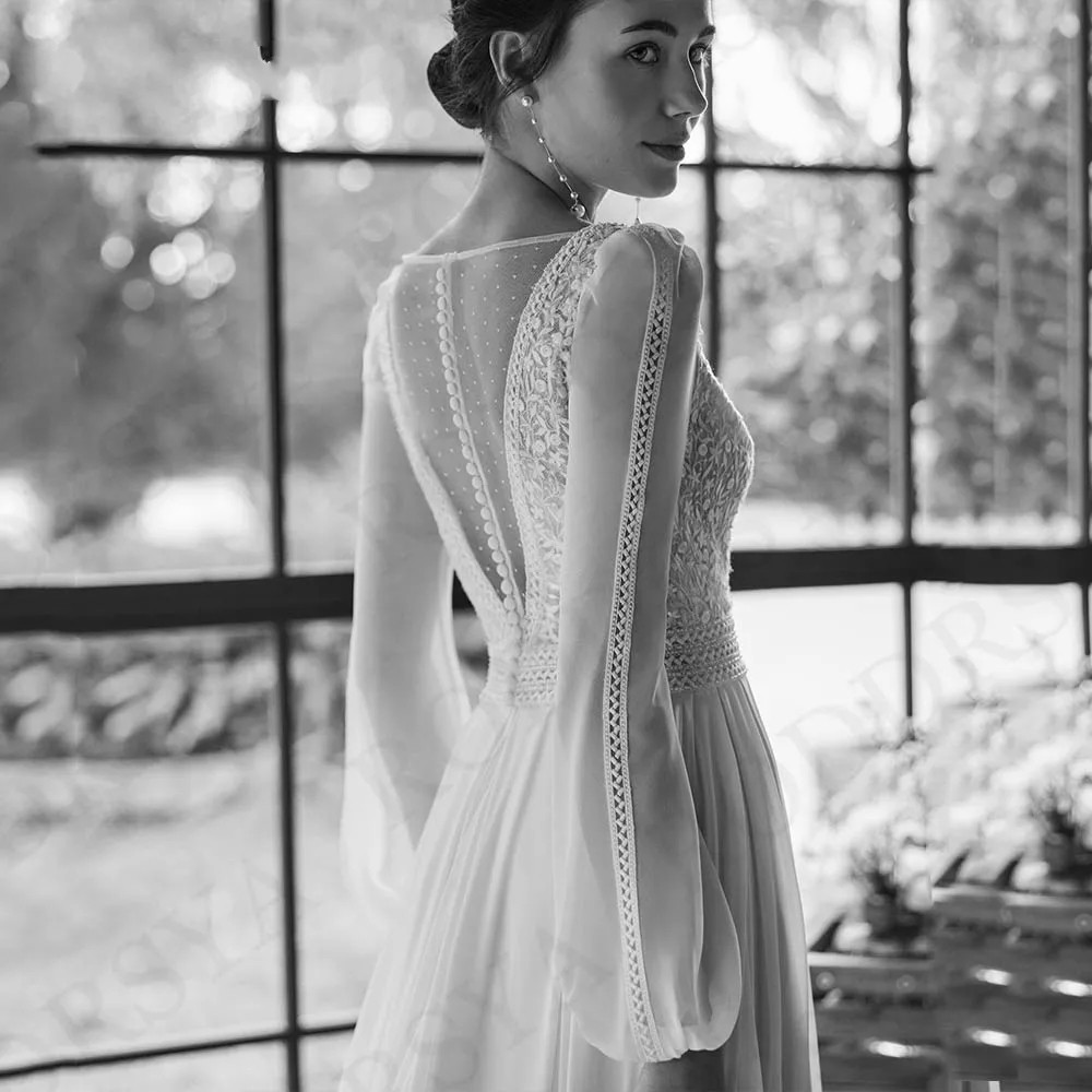 Bohemian Wedding Dress 2024 V Neck Long Sleeves Lace Appliques A-Line Chiffon Princess Bride Gown Vestidos De Novia Custom Made
