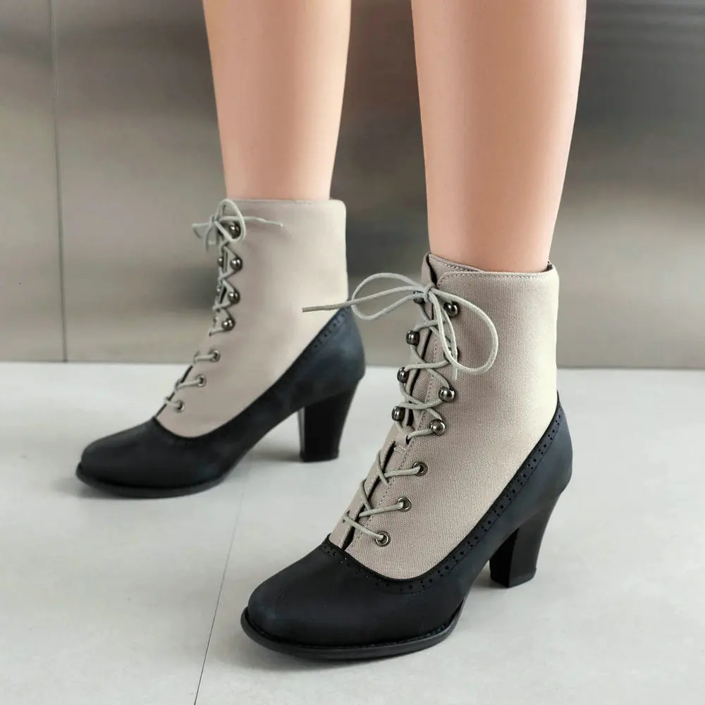 Womens Victorian Boots Chunky Heeled Short Ankle Booties Retro Patchwork PU Color Lace Up Witch Riding Knight Combat Shoes 240615