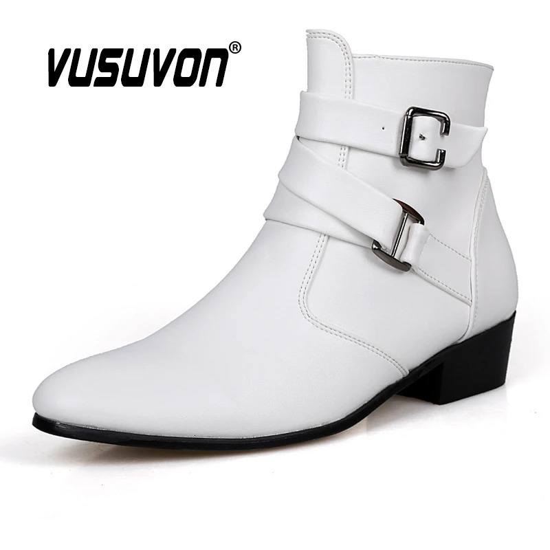 VUSUVON Fashion Men Spring Autumn Pointed Toe Height Increase Chelsea Ankle Boots Western High Top Casual Shoe PU Leather 240615