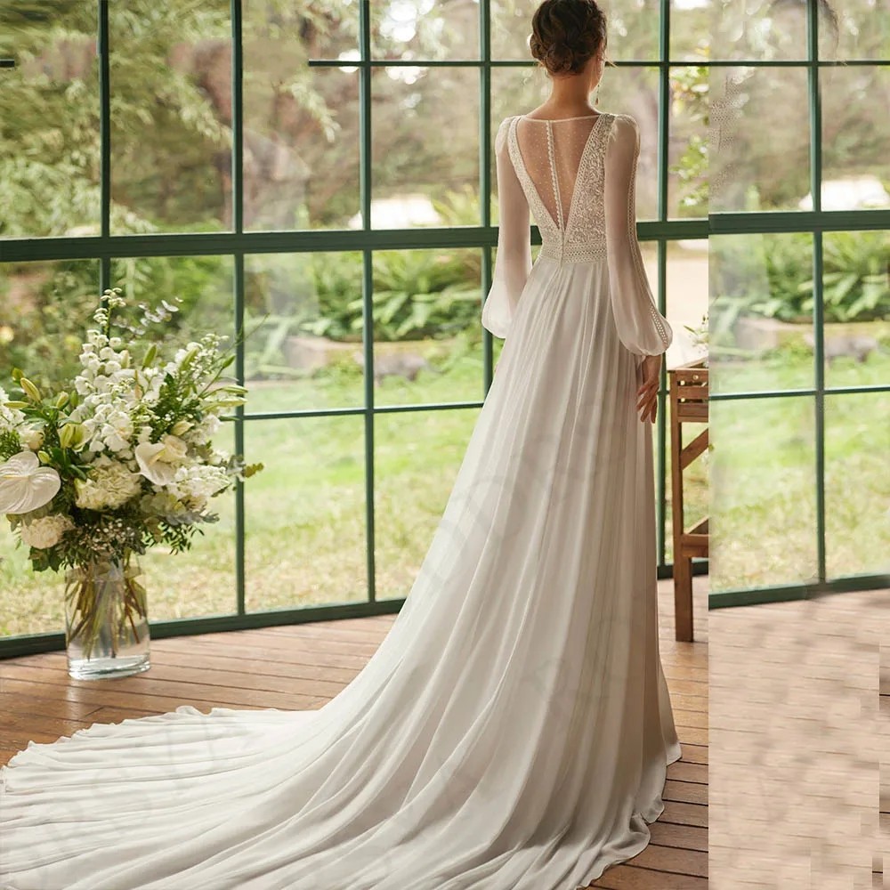 Bohemian Wedding Dress 2024 V Neck Long Sleeves Lace Appliques A-Line Chiffon Princess Bride Gown Vestidos De Novia Custom Made