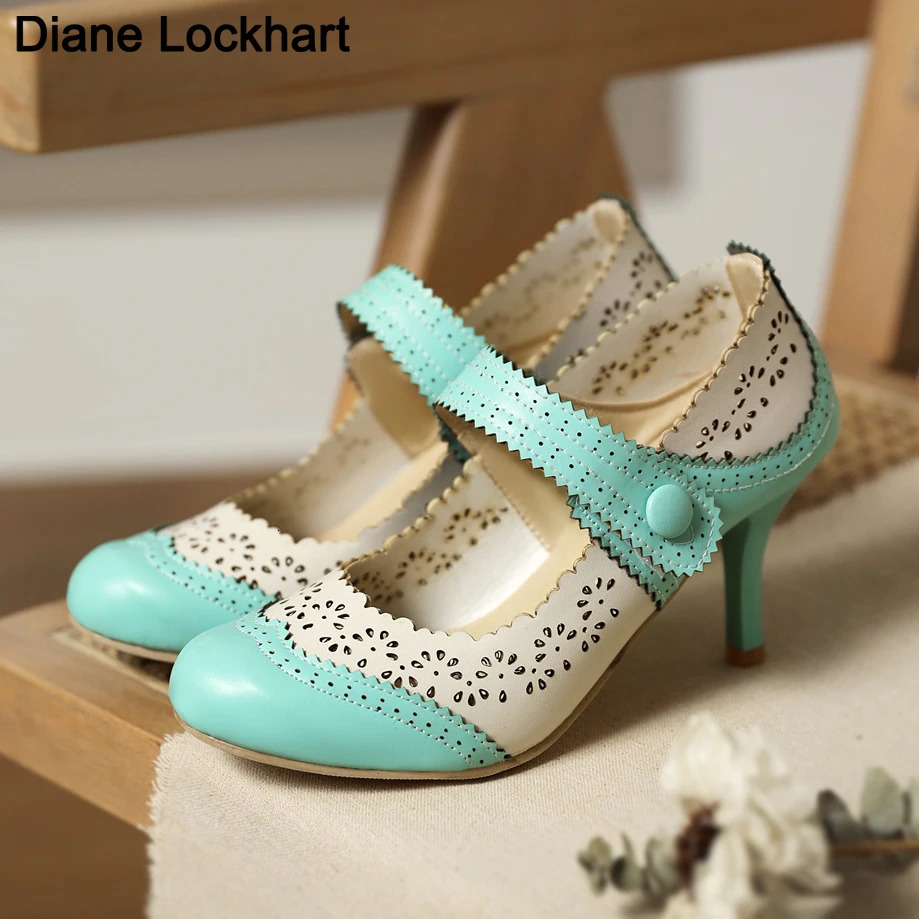 Summer Fashion Thin High Heels Shoes Arrival Retro Fretwork Mary Janes Women Pumps Sweet Shallow Date Pumps Sandalias Mujer 240615