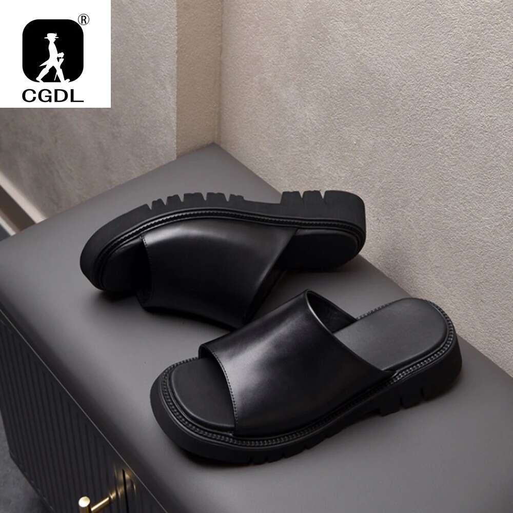 Real Mens Platform 4Cm High Heels Genuine Leather Quality Brand Handmade Outdoor Business Slippers Shoes