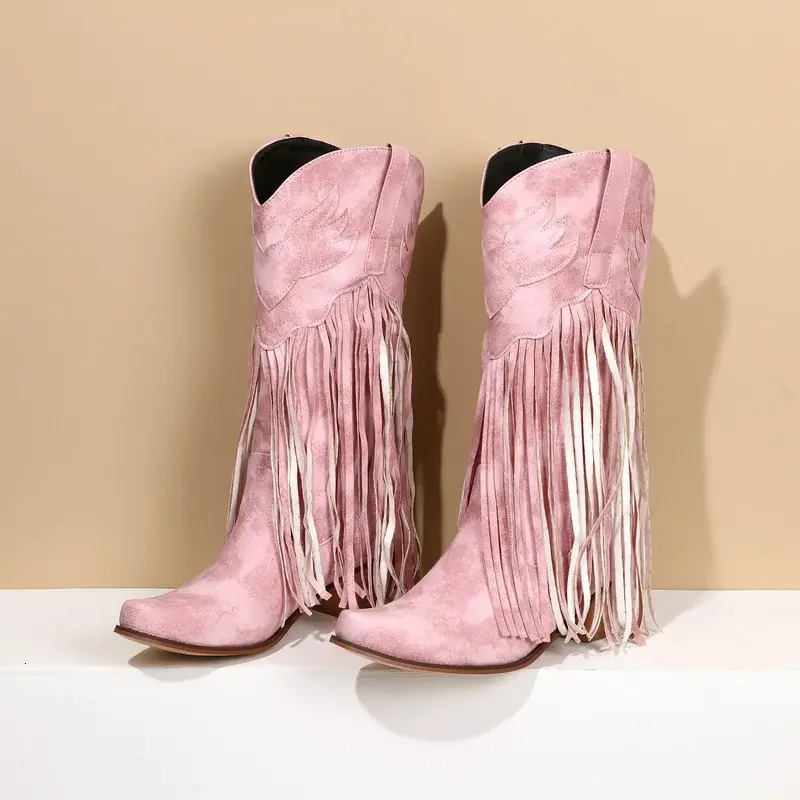 Womens Pink Tassel Western Cowboy Boots Wide Calf Fit Lolita Retro Cosplay Mid-Calf Cowgirl Footwear All Seasons Drop 240615