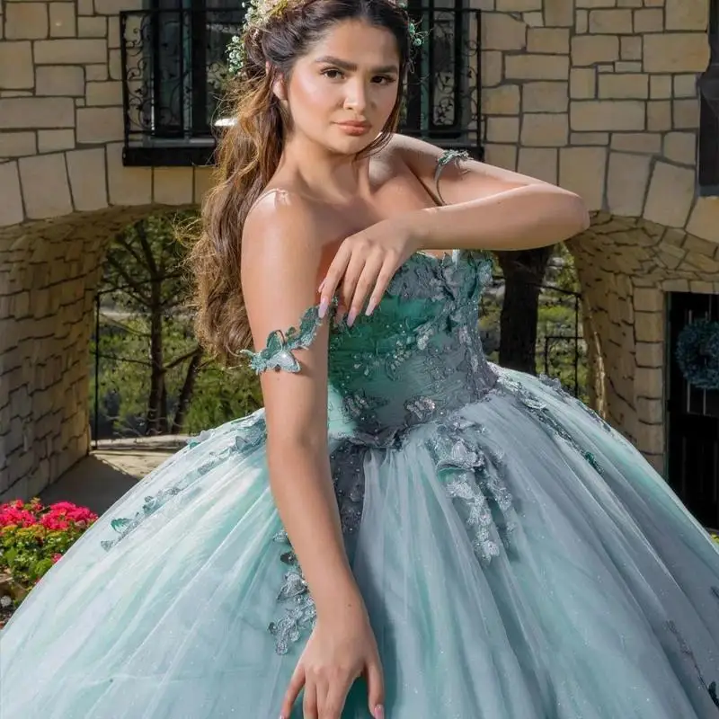 Mint Green 3D Bow Corset Mexican Quinceanera Dress Ball Gown Off The Shoulder Appliques Lace Tull Vestidos De XV Anos