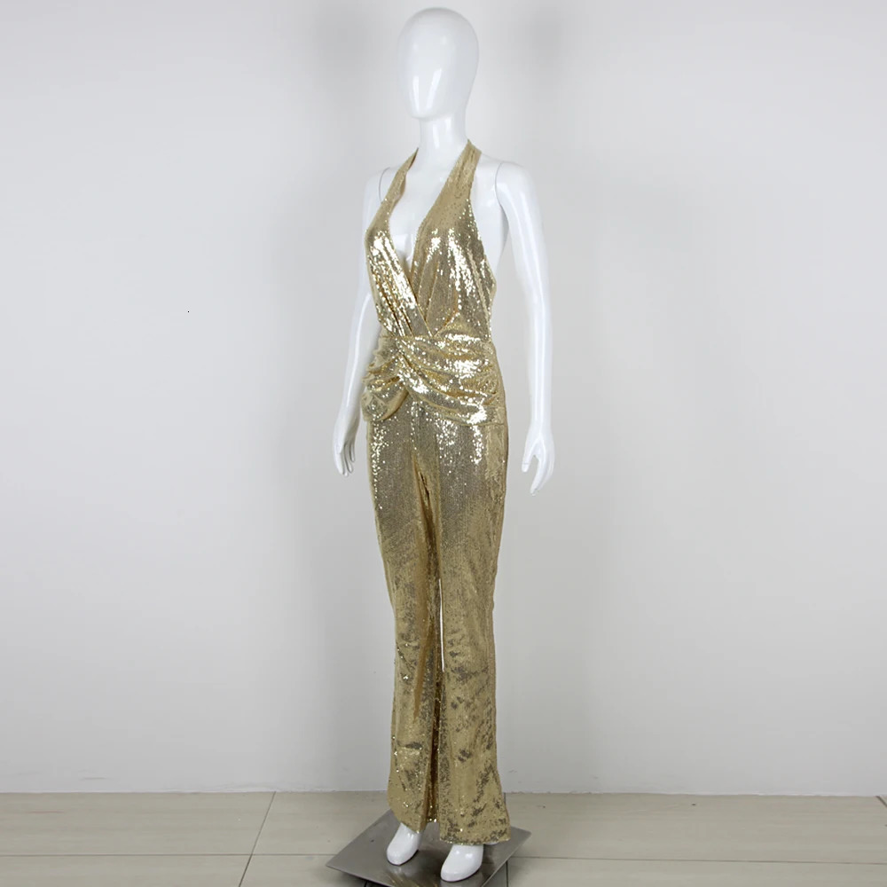 GORAFASHION Sequin Halter Bodycon Backless pants jumpsuits Slim Fit Sexy Elegant Sleeveless Evening Party Prom Dress 240615
