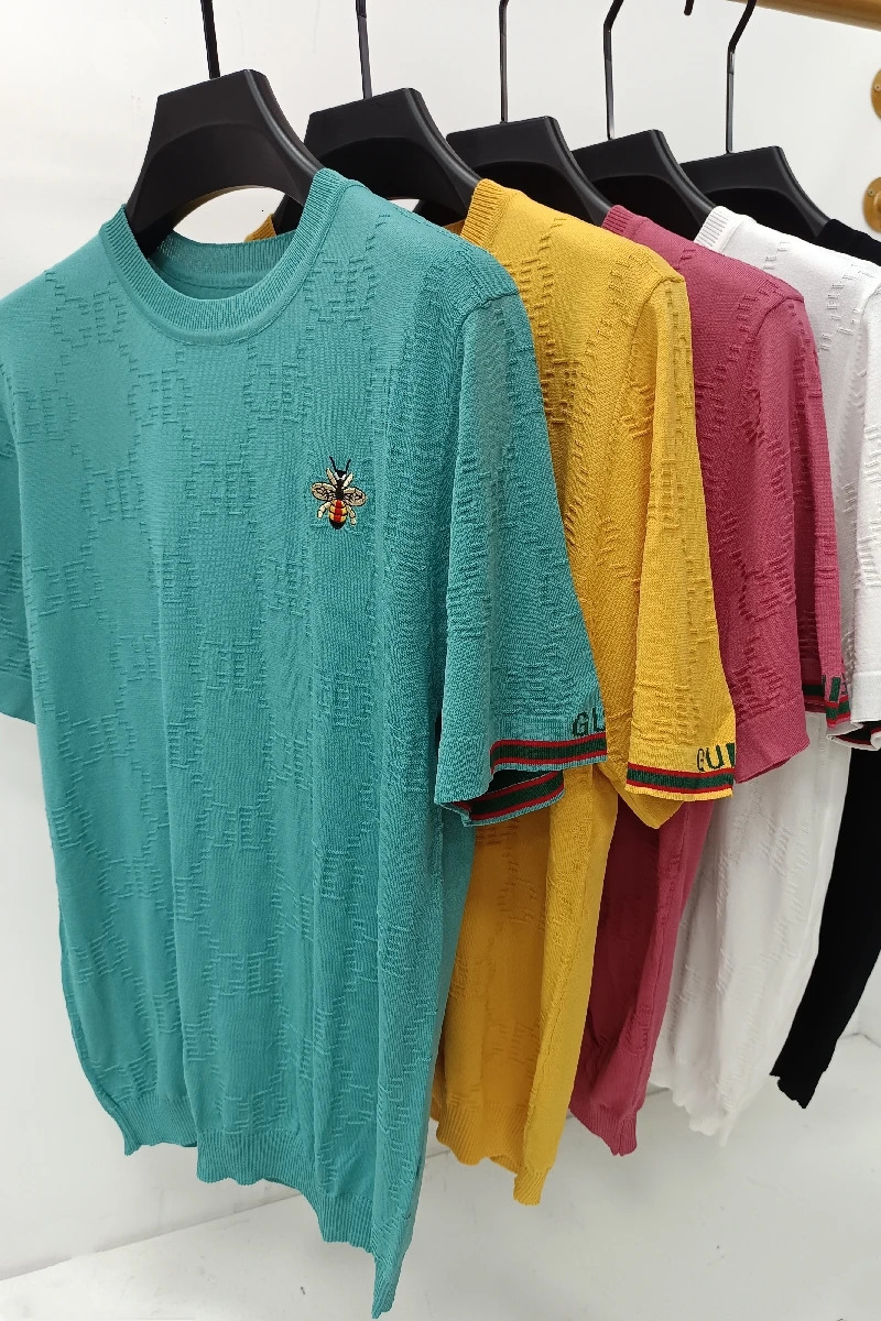 Mens Summer Exquisite Bee Embroid Ice Silk knit Short Sleeved Tshirt ONeck British Business Versatile Menswear 240601