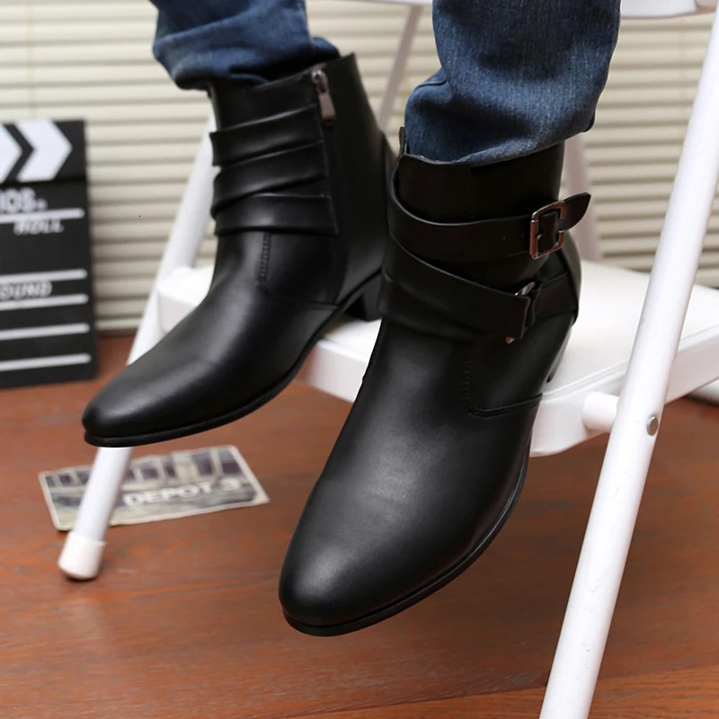 VUSUVON Fashion Men Spring Autumn Pointed Toe Height Increase Chelsea Ankle Boots Western High Top Casual Shoe PU Leather 240615
