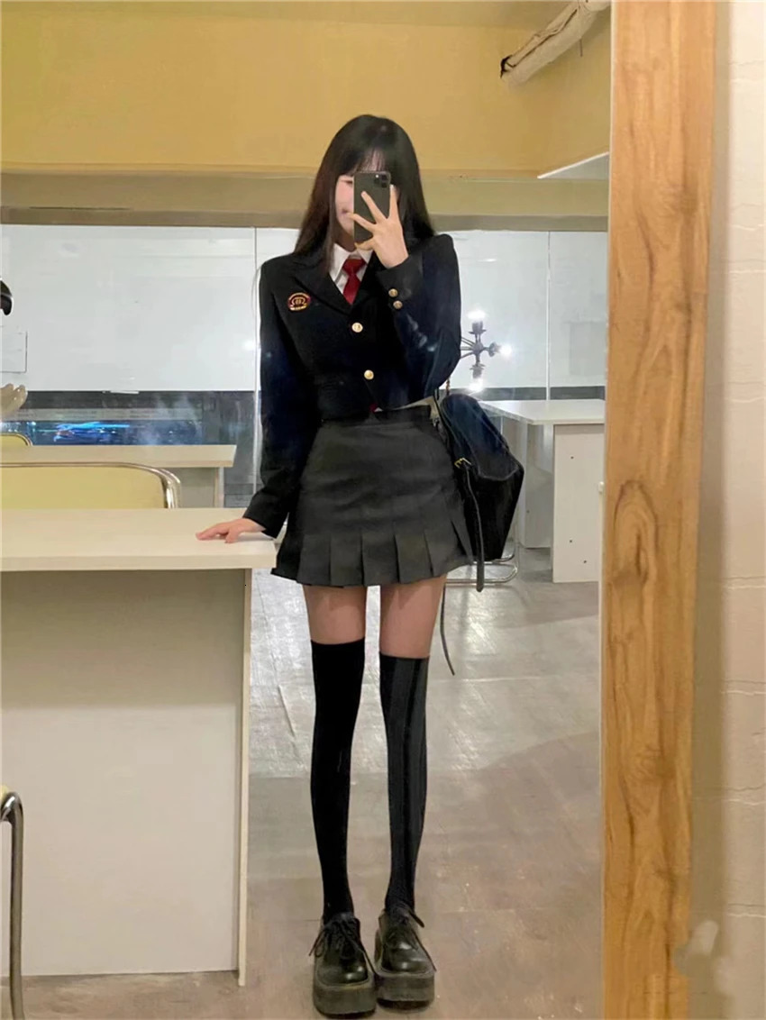 Daily Korean JK Uniform Set College Style Girls Short Suit Blazer Navy Coat Wrap Hip Skirt Tie Shirt Girl Spring Autumn 240617
