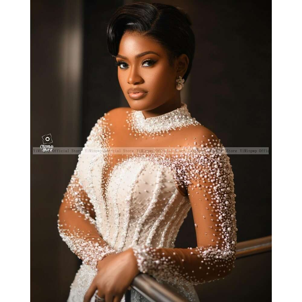 Lavish Mermaid special Dresses for Bride High Neck Long Sleeve Pearls Beading African Bridal Gowns robes de mariee Customized