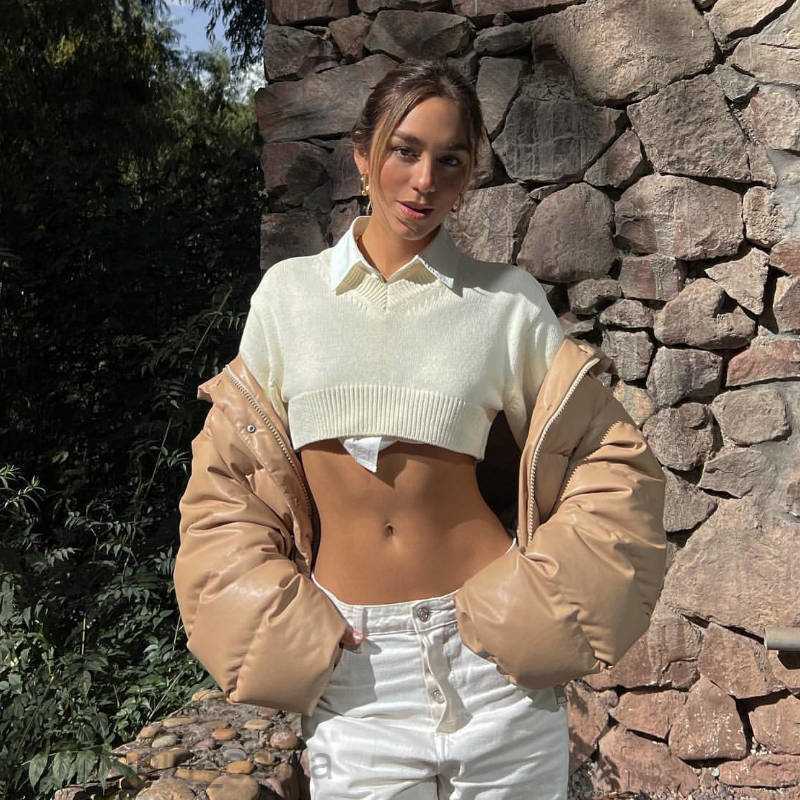 Women's Sweaters ultra short knitted top pullover V-neck exposed navel versatile layered long sleeved top