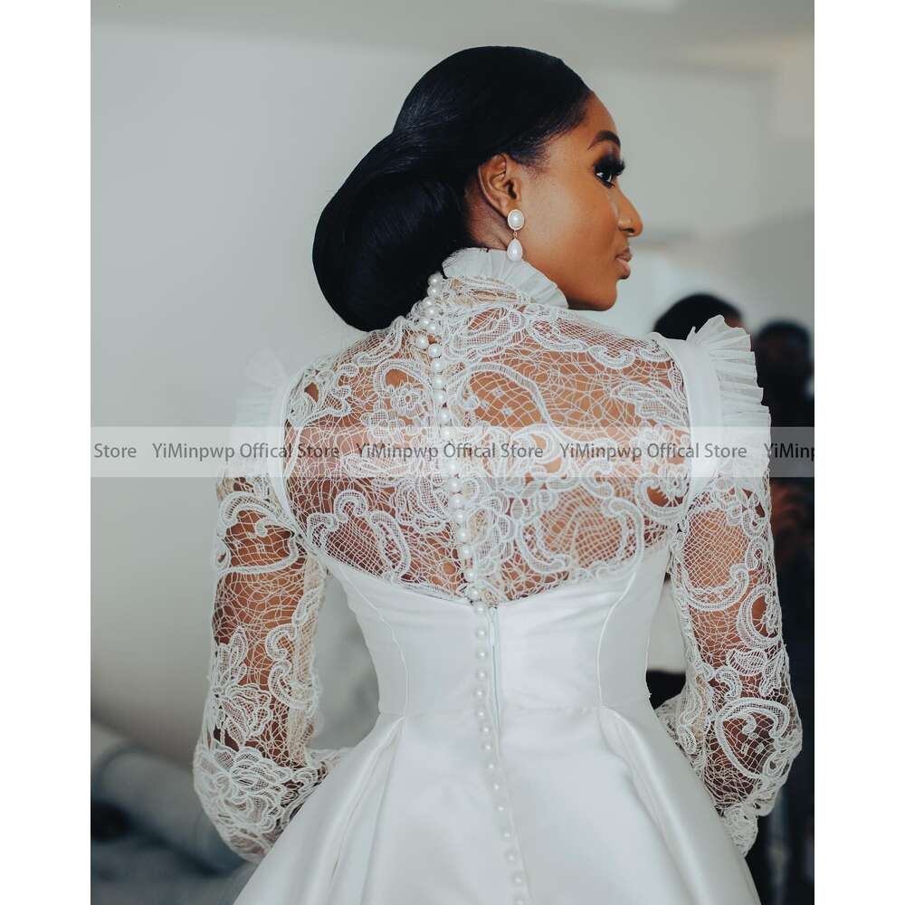 Sweet Wedding Dresses for Dark Skin Bride High Collar Long Sleeve Satin Lace Africa Garden Chruch Bridal Gowns robes de mariee