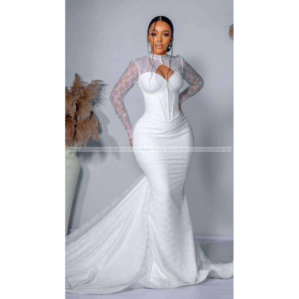 Spring Lace Mermaid special Dresses for African Bride Hollow Long Sleeve Sweep Train Button Garden Civil Bridal Gowns Custom