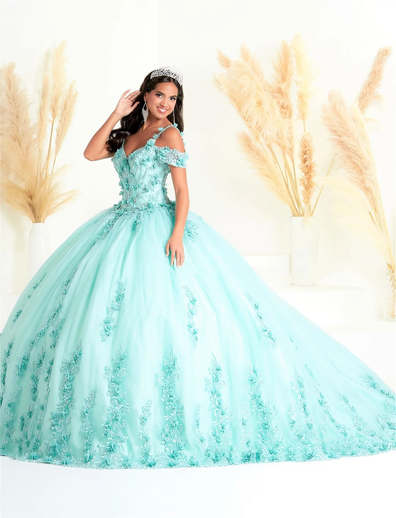 Mint Mexican Quinceanera Dresses Ball Gown Off The Shoulder Tulle Floral Beaded Puffy Charro Sweet 16 Dresses 15 Anos