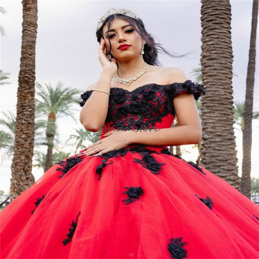 Mexican Red With Black Quinceanera Dresses 2024 Charro Off Shoulder Flowers Lace Vestidos De 15 Anos Xv Lujo Sixteen Birthday Party Gown Beaded Robe D