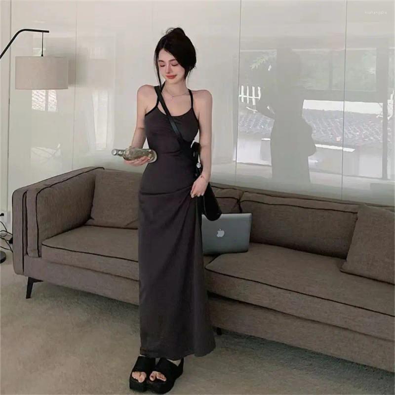 Casual Dresses Halter Long Women Slim Simple Bodycon Summer Hip Wrapped Korean Style Chic Temperament Elegant Vintage Stylish Ins BF