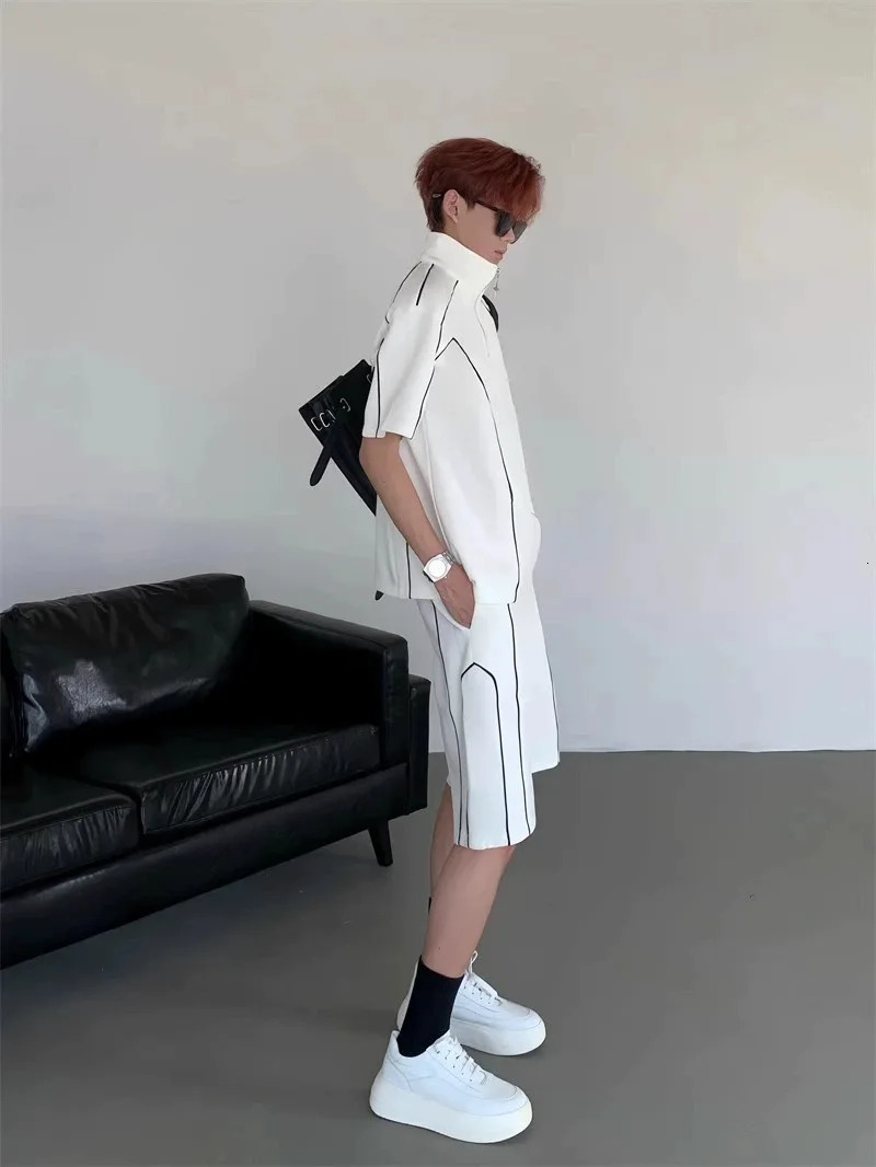Chic Ins Men Summer Breathable Pajamas Sets Male Zipper Striped Tops Knee Length Shorts Casual Party Club Streetwear Trendy Y2k 240513