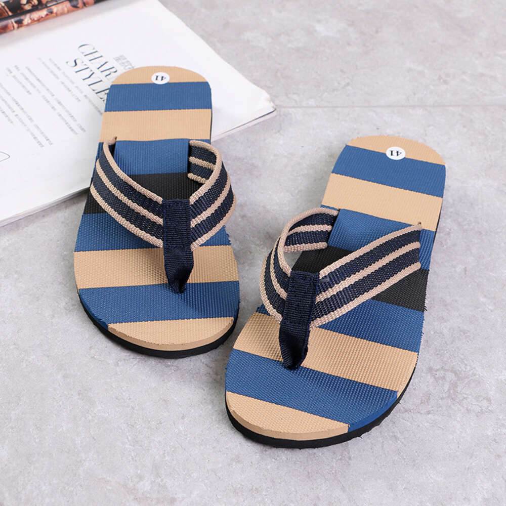 Wholesale Retail Summer Men's Indoor and Outdoor Non-slip Slippers Striped Color Matching Beach Leisure Flip-flops