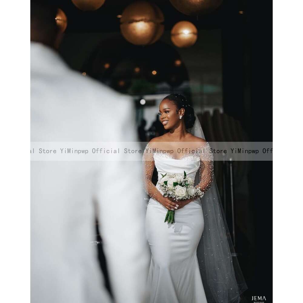 New Africa Mermaid special Dresses with Detachable Train 2024 Sheer Neck Long Sleeve Satin Beading Crystal Bridal Gowns