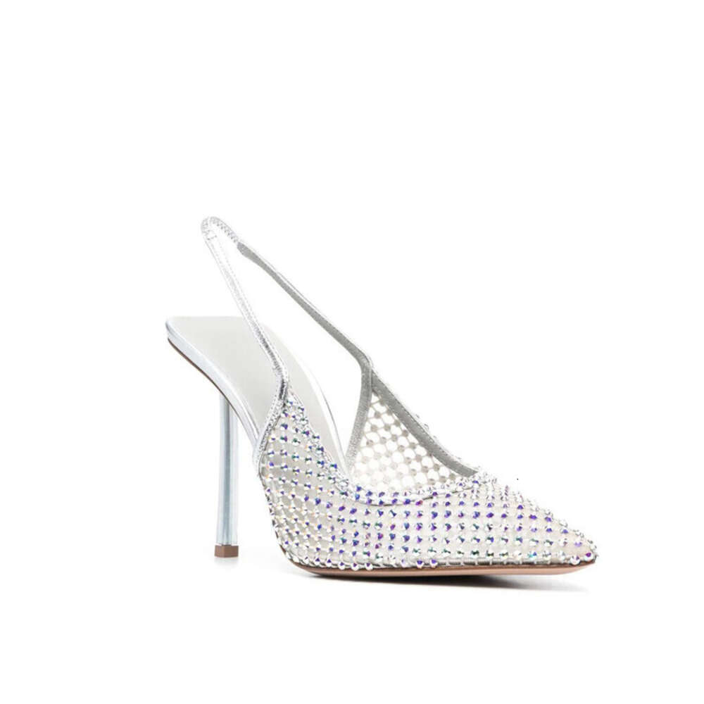 2024Women's Summer New Water Diamond Mesh Transparent High Sandals Pointed Head Large Size Thin Heel Shoes Women's