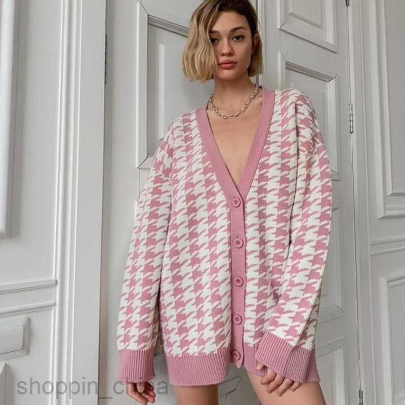 Women's Sweaters Autumn/Winter New Loose Bird Checker Long sleeved Single breasted Contrast Sweater Cardigan Coat for Women