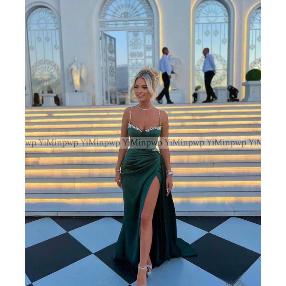 Hunter Green Mermaid Prom Dresses For Black Girls Spaghetti Thigh-High Slits Crystal Beads Matric Dance Party Gowns Bespoke 0920