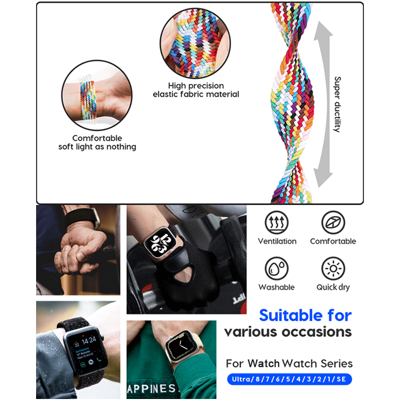 Nylon Braided Solo Loop Band for Apple Watch Strap with adjustable Buckle 38mm 44mm 41mm 45mm 44mm 40mm Elastic Wristband Bracelets iwatch Series Watc