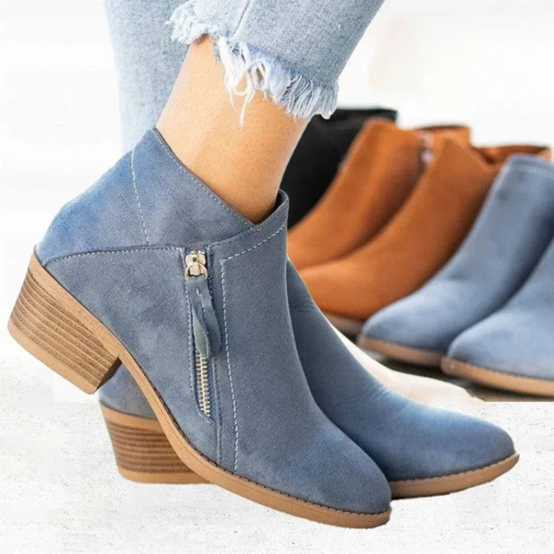 Womens ankle boots winter low heel suede leather shoes platform punk womens solid color high heels womens direct 240615
