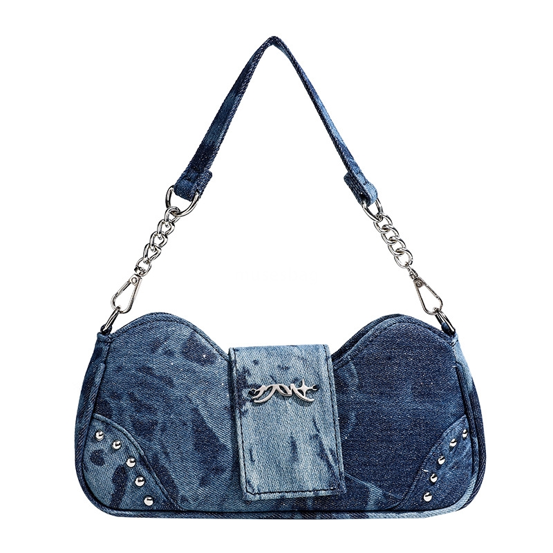 Daily pairing with denim bags new trendy and trendy niche design tie dye and glitter powder detachable design high-end bow and stick bag for women