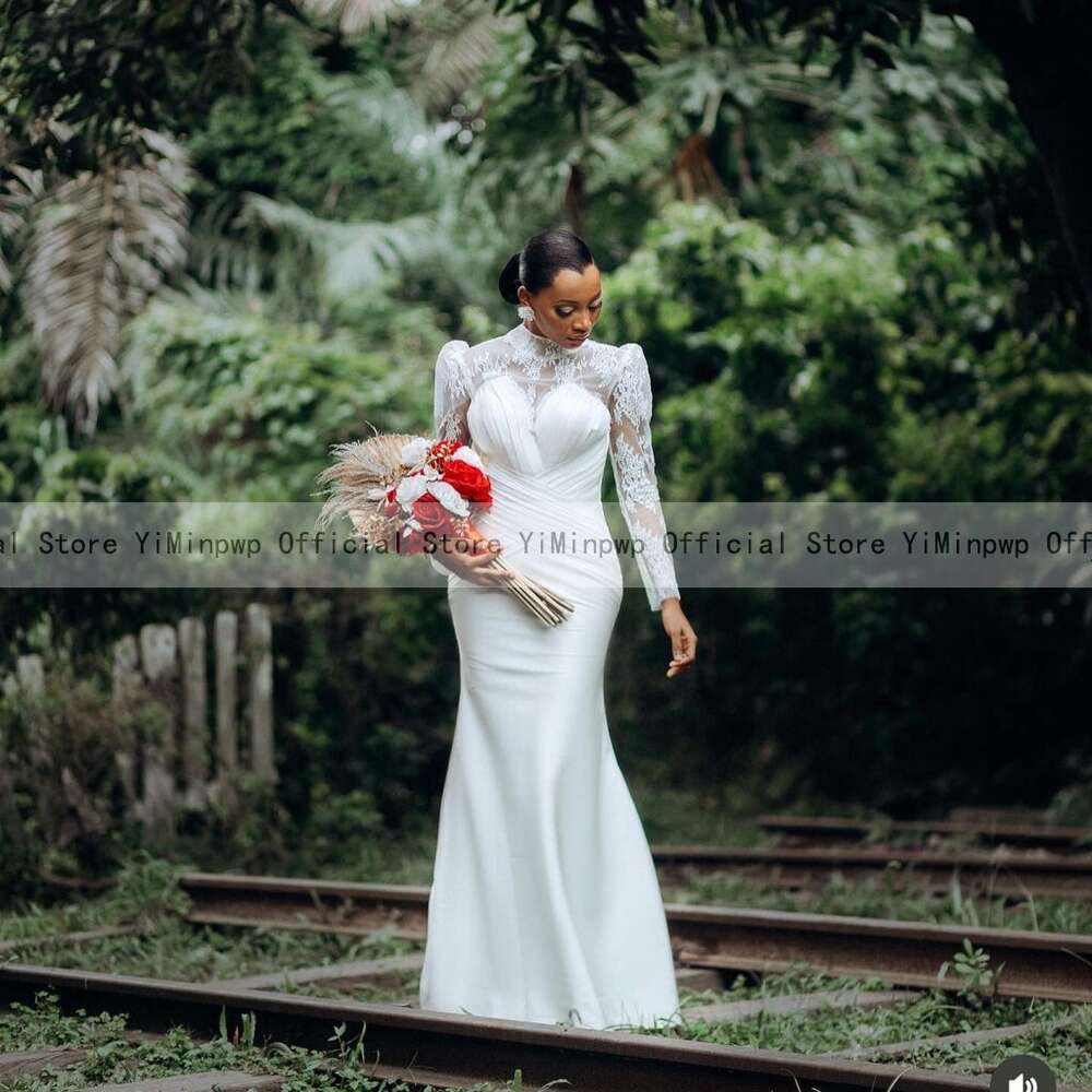 Africa Mermaid special Dresses for Bride 2024 High Neck Long Puff Sleeve Sweep Train Lace Pleats Garden Beach Bridal Gowns