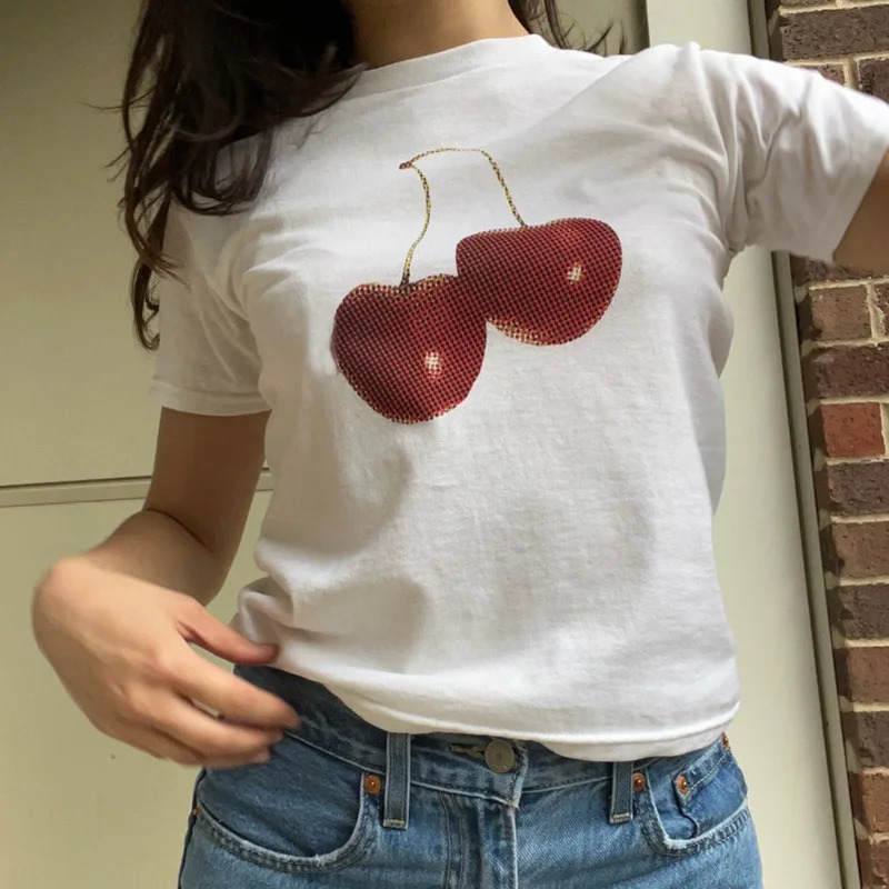 Women's T-Shirt Aesthetic Summer Baby Tee Streetwear Goth Harajuku Letter Graphic Cherry Print T-shirt Vintage Crop Tops Women 2000s Y2K Clothes 