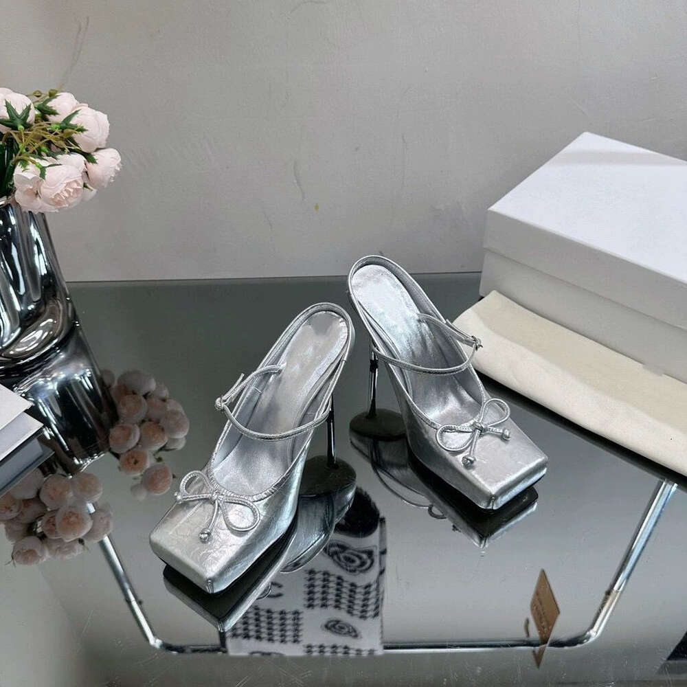 Summer Women's New Bow Tie Slim High Heel Sandals Fashionable Square Head Strap Show Ballet Dance Muller Shoes