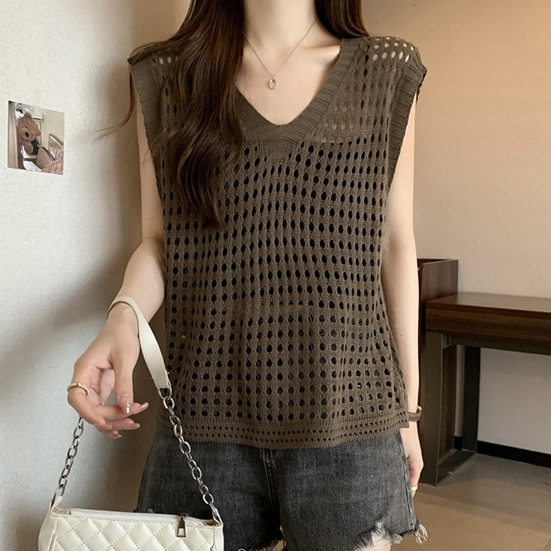 v-neck Thin Hollow Plus Size Tank Knit Sweater Women Clothing Sleevel Top For External Wear Solid Casual Vest Summer New D2OS#