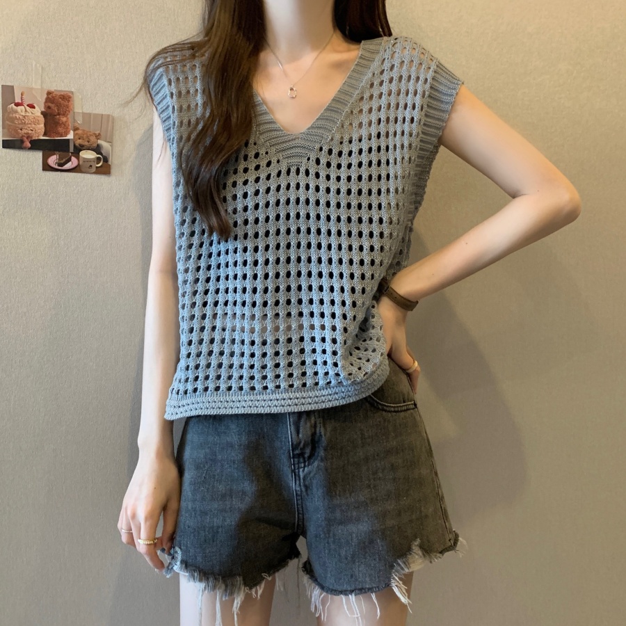 v-neck Thin Hollow Plus Size Tank Knit Sweater Women Clothing Sleevel Top For External Wear Solid Casual Vest Summer New D2OS#