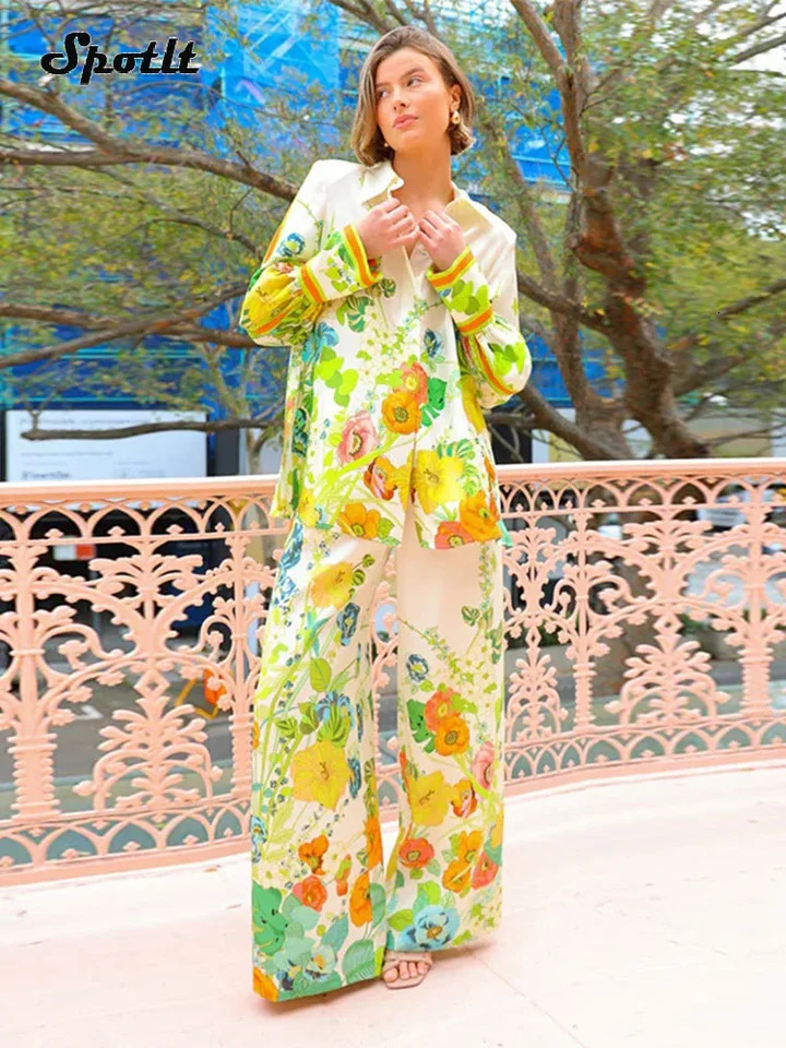 Women Causal Satin Floral Print Pants Set Fashion Lapel Back Hollow Lace Up Long Sleeve Buttons Shirt Suit Lady Street Outfit 240617 - view 5