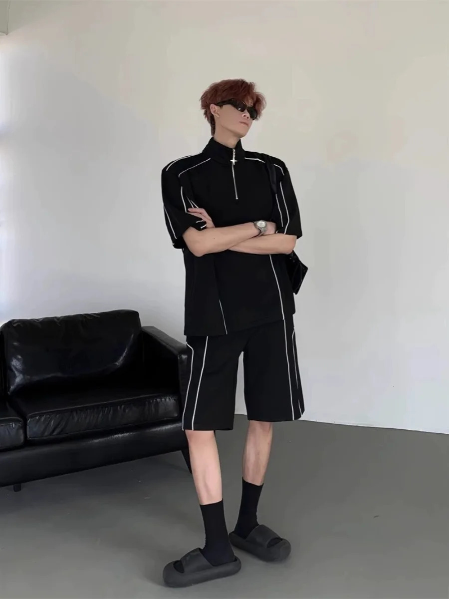 Chic Ins Men Summer Breathable Pajamas Sets Male Zipper Striped Tops Knee Length Shorts Casual Party Club Streetwear Trendy Y2k 240513